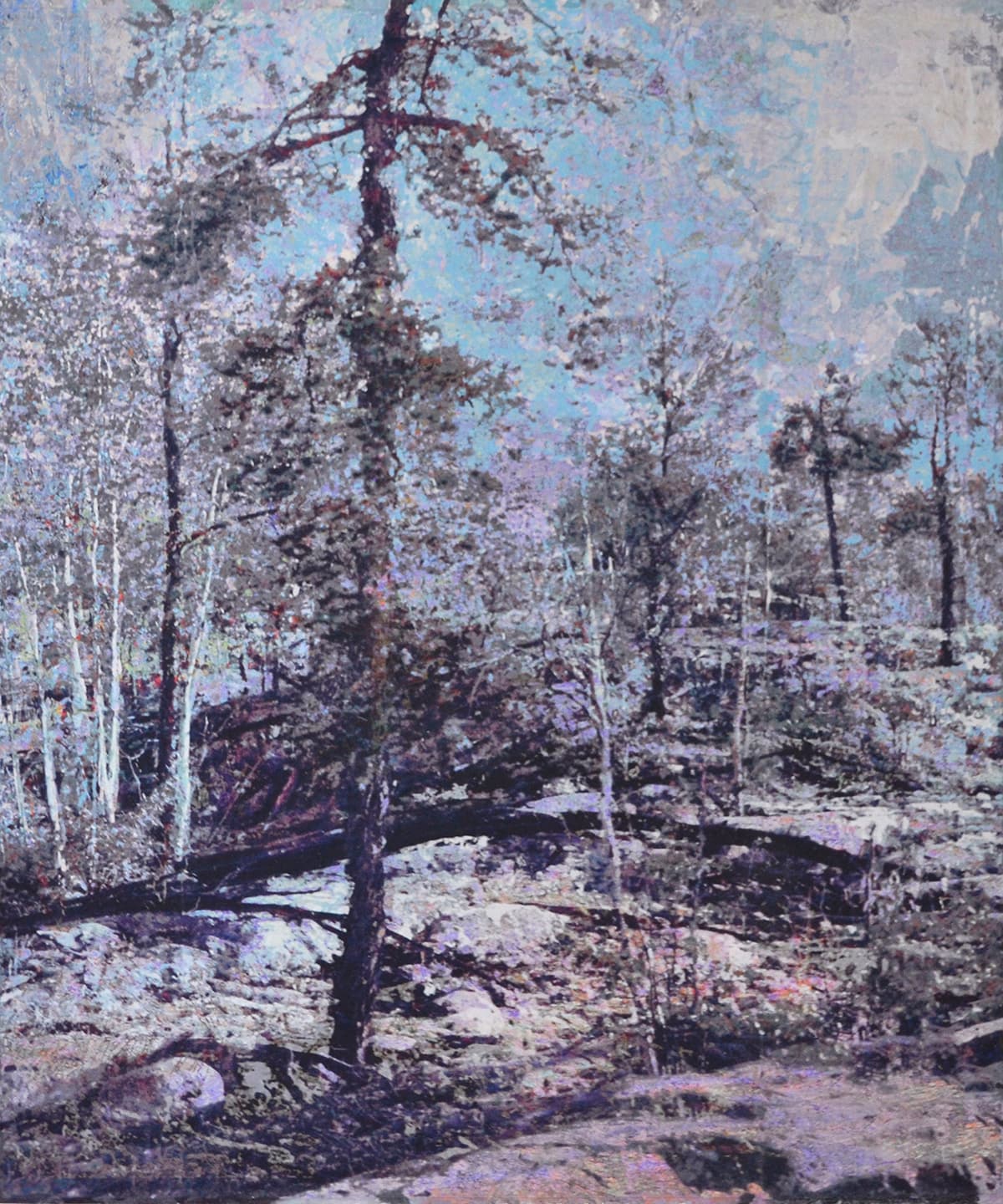 layers, trees, mixed media, Edmonton, pink, blue, purple, walking, forest