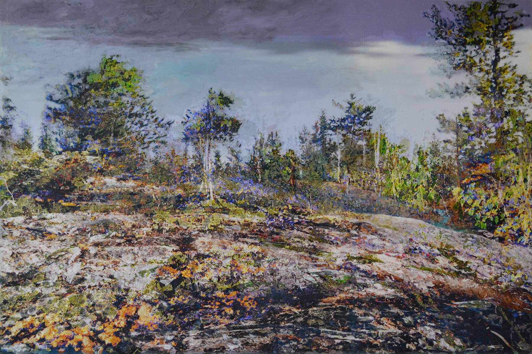 An acrylic multi media painting of a moody landscape of trees on canvas and wood panel painted with vibrant greens, and muted browns, oranges, reds, purples and yellows.