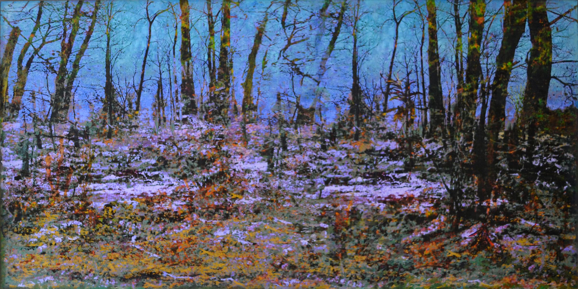 An acrylic multi media painting of fall forest landscape on canvas and wood panel painted with vibrant greens, blues, purples, reds, pinks, yellows and oranges.