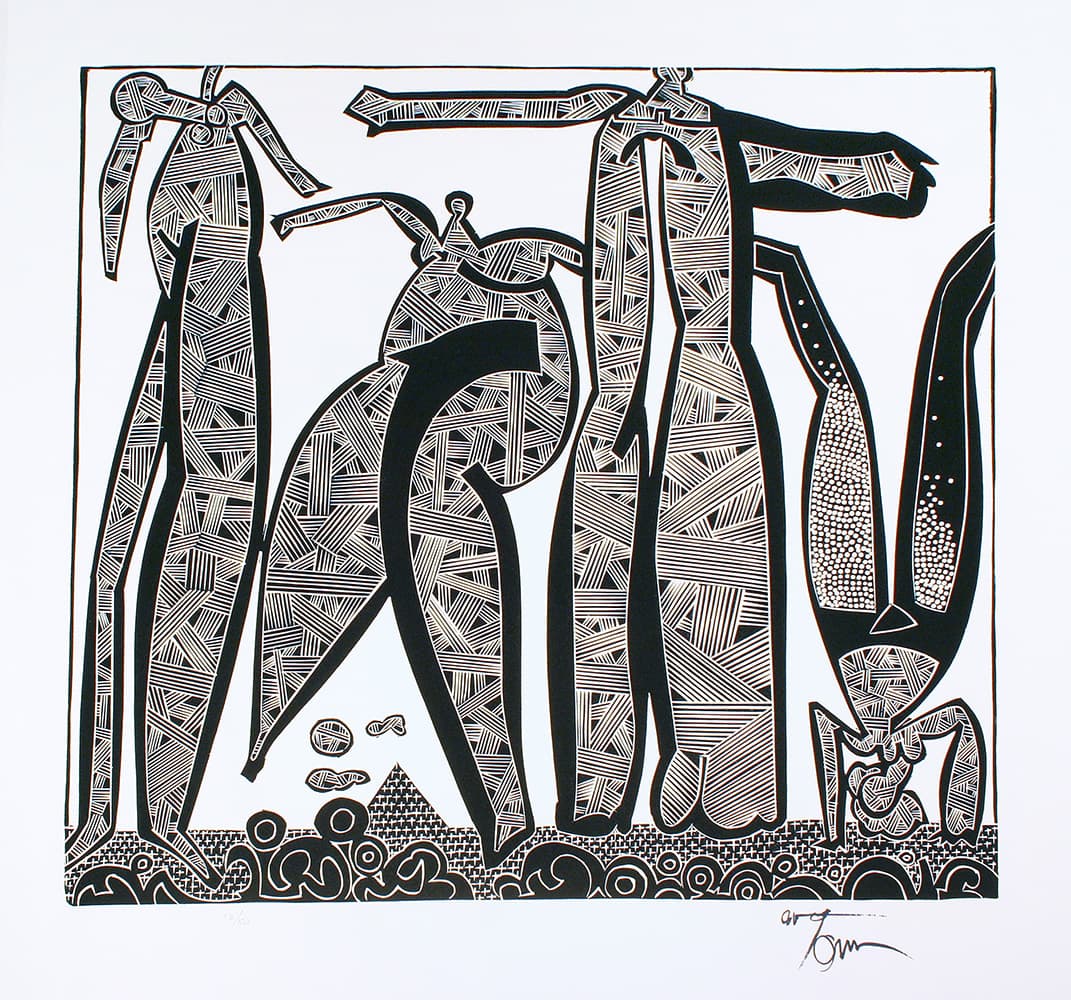 Action expressionism, Ontario artist, abstraction, Venice Bienanale, Toronto, Painters eleven, linocut, black and white, ink, form, figure, playful