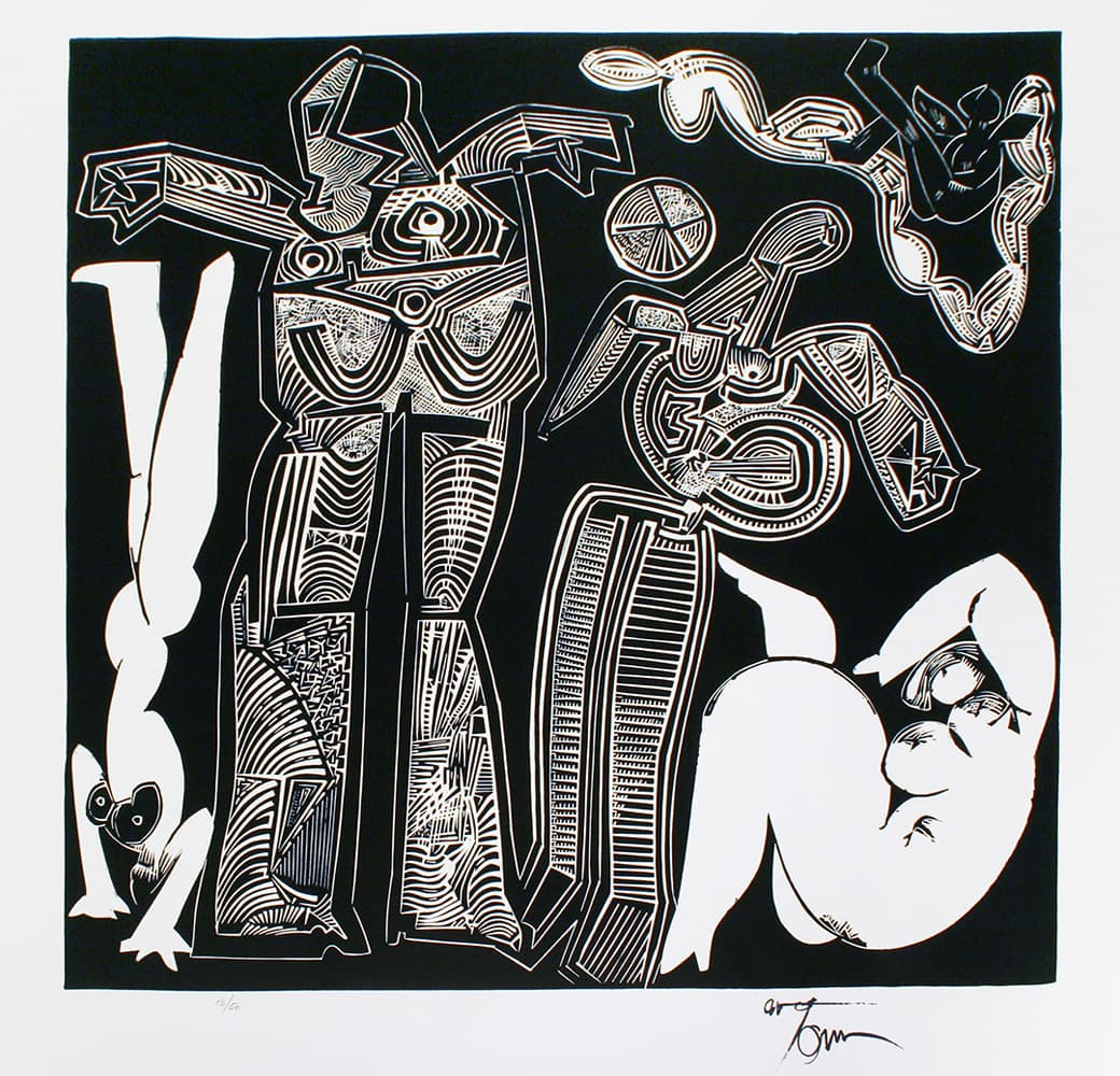 Action expressionism, Ontario artist, abstraction, Venice Bienanale, Toronto, Painters eleven, linocut, black and white, ink, figures, dark, whimsy