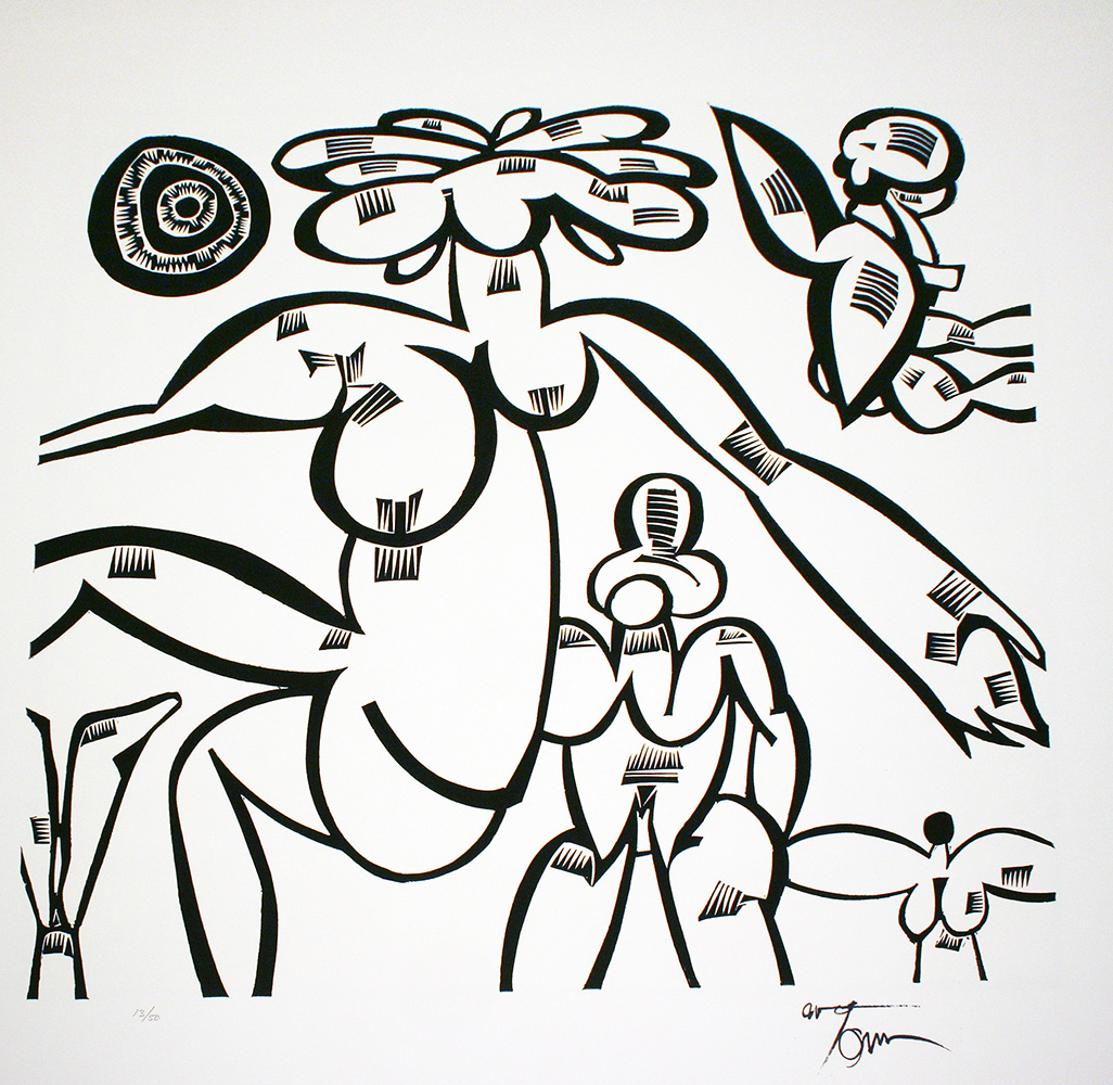 Action expressionism, Ontario artist, abstraction, Venice Bienanale, Toronto, Painters eleven, linocut, black and white, ink, centre figure