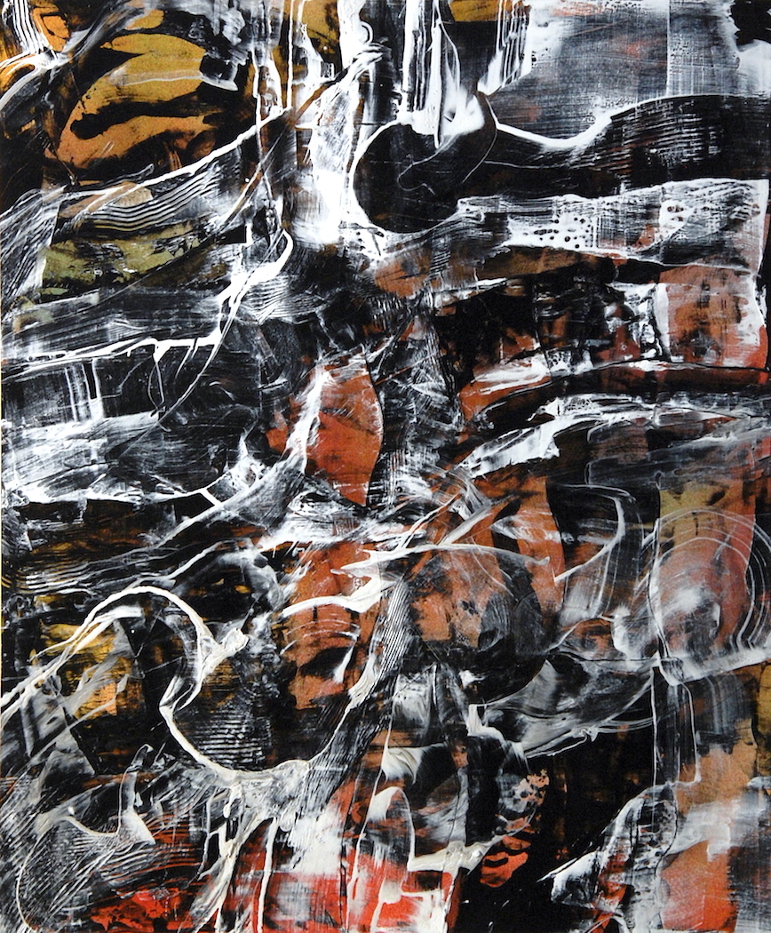 abstraction, layers, black and white, forms, dark, Riopelle, collage, movement, red background, base