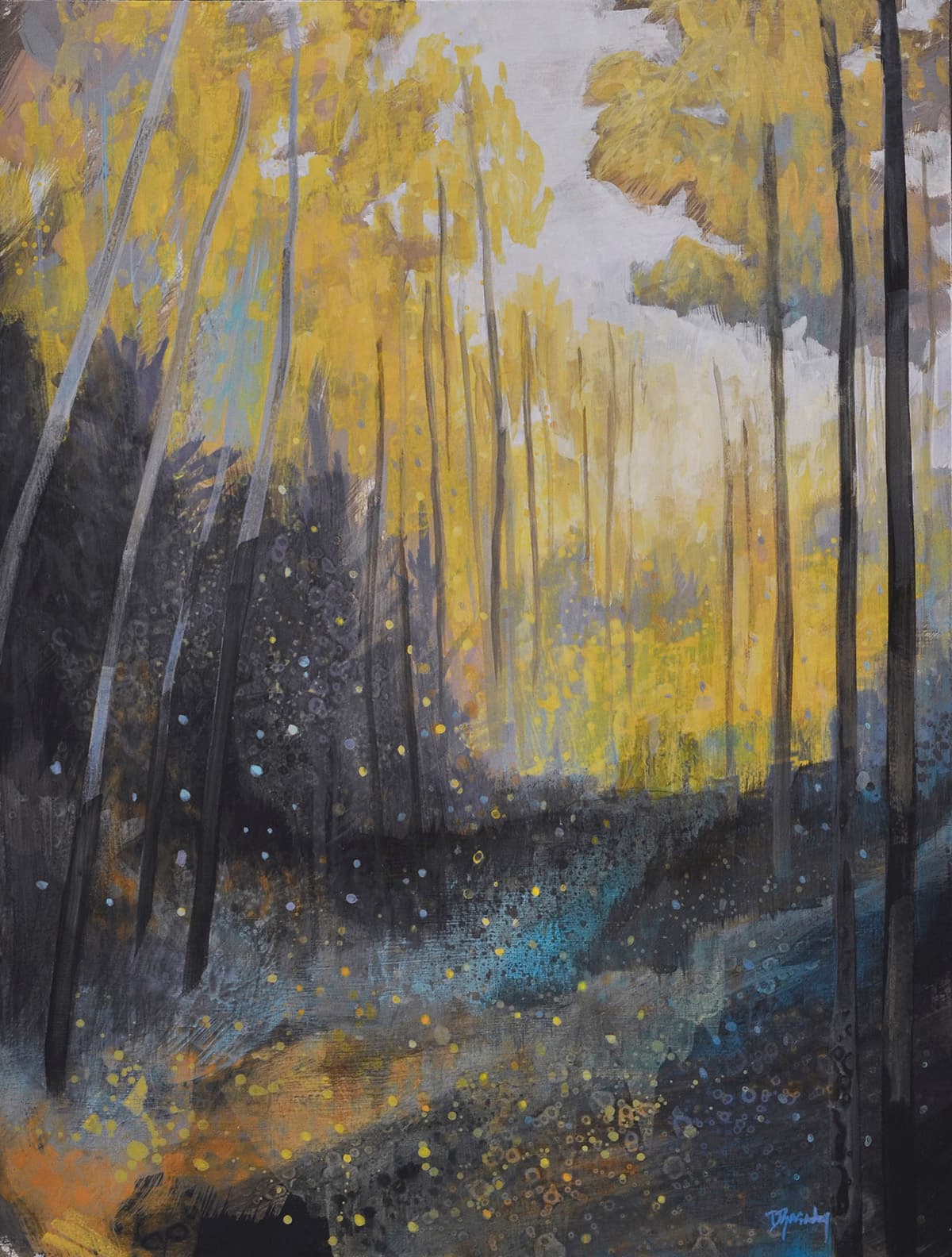 Forest painting in blue and gold, Canadian, fall, abstracted, layers, fall, earth