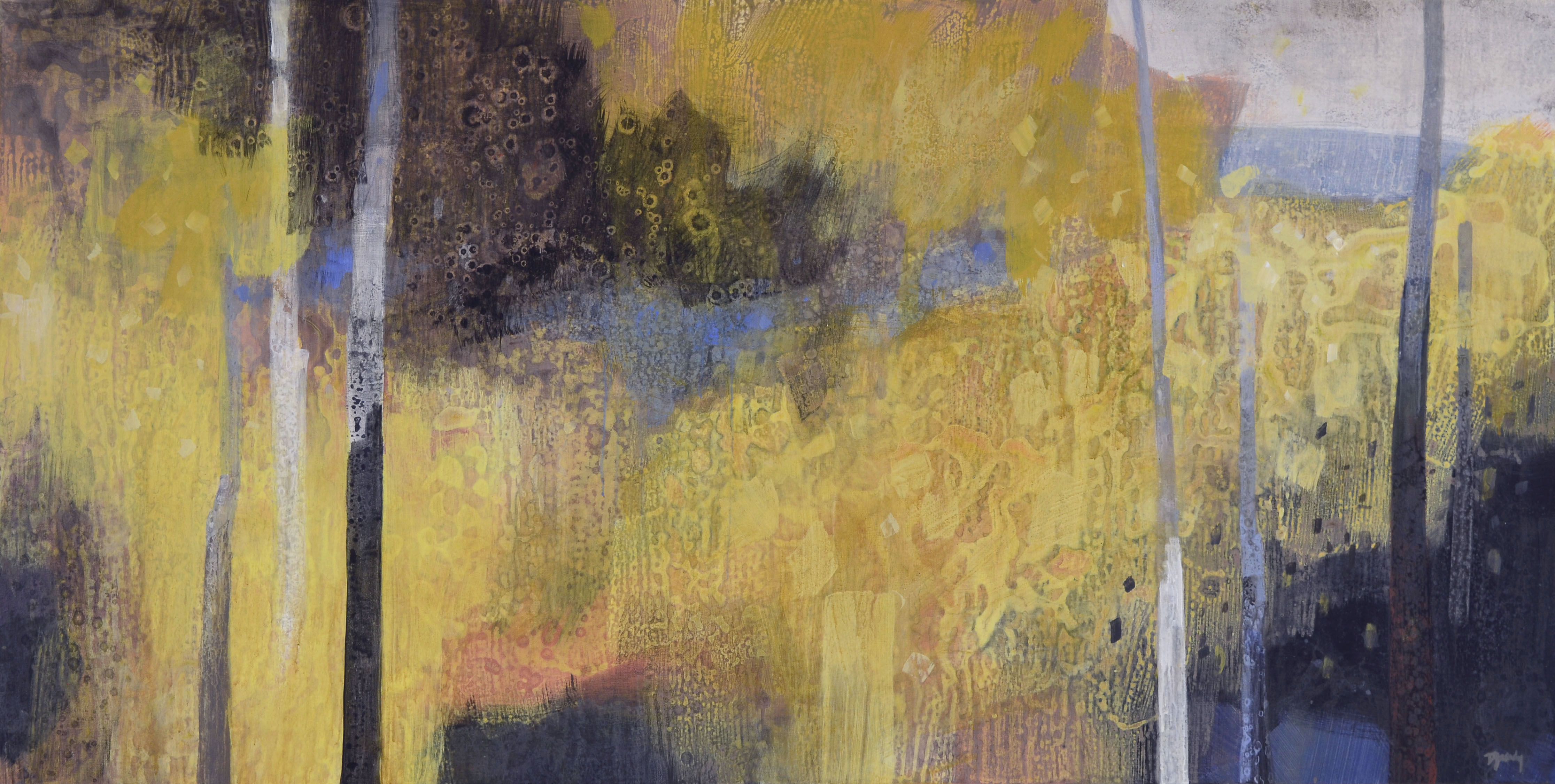 landscape in the distance through the trees, aspen, birch, golden tones