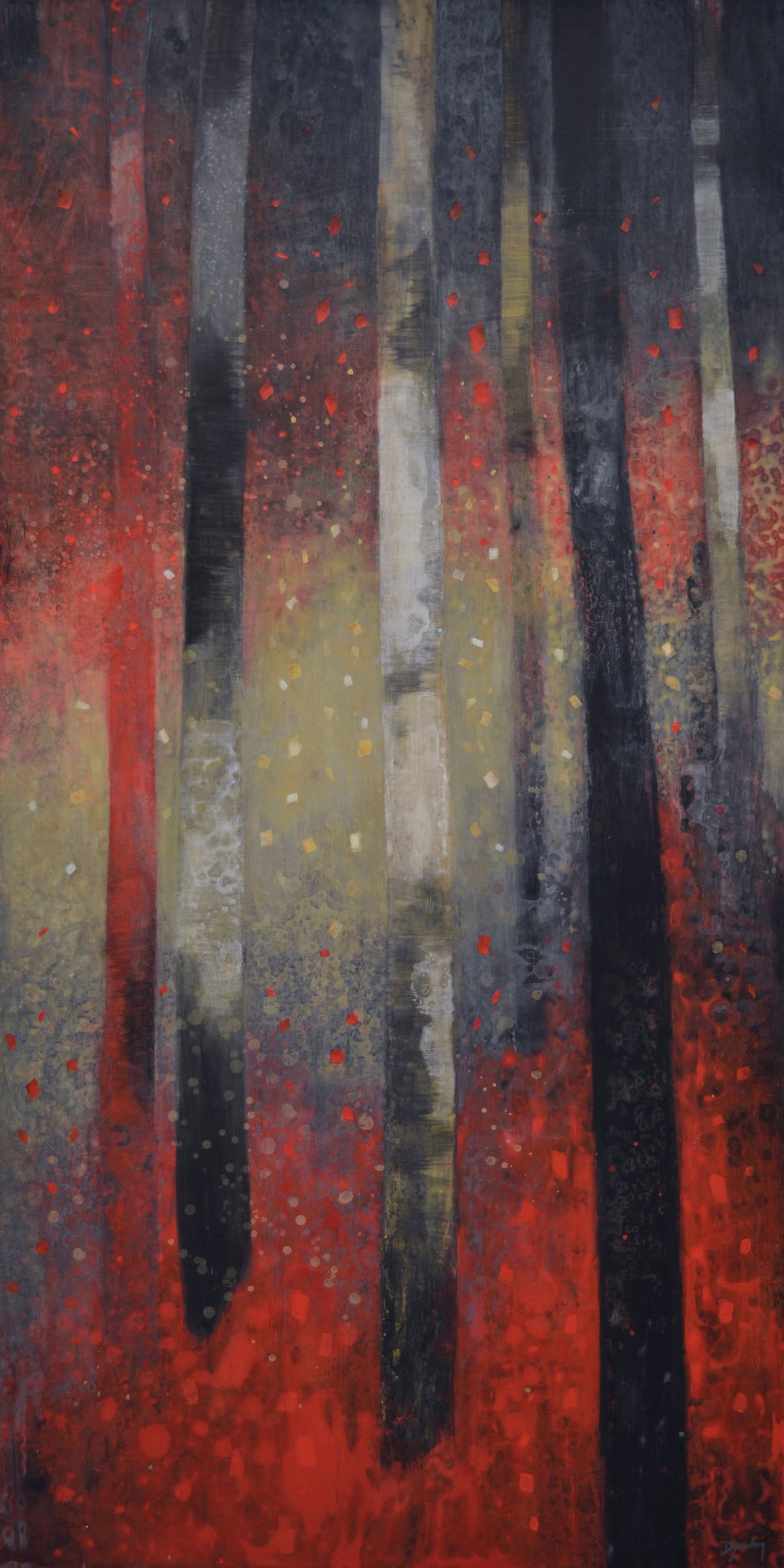 Large scale landscape painting in red, onyx and soft ochre tones.