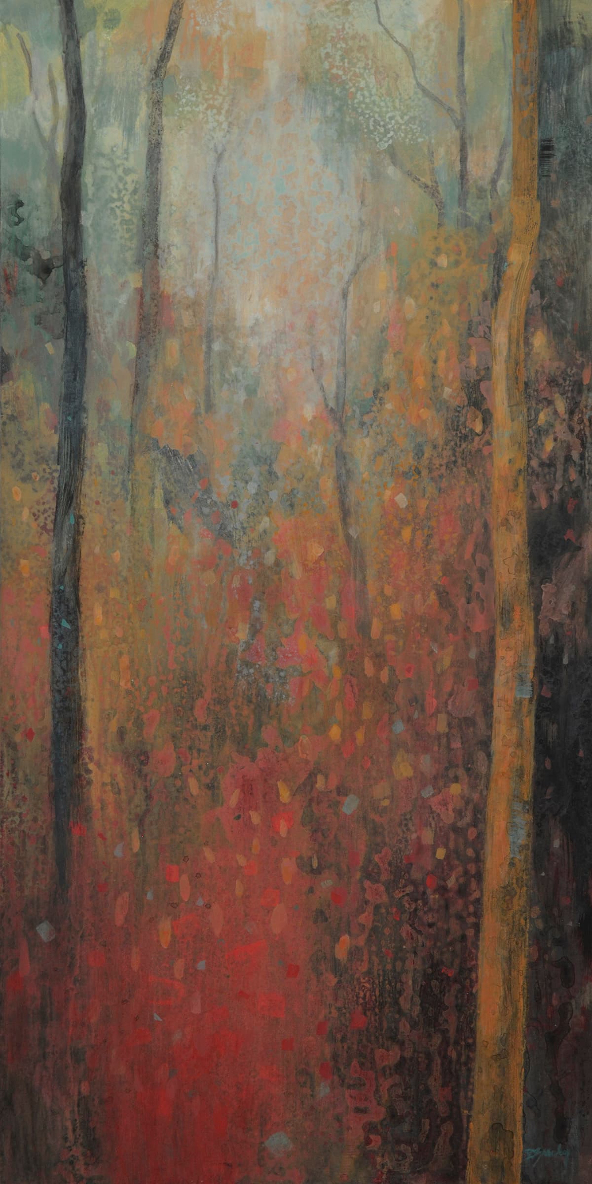 soft colours, off trail, old landscape, aspen, forest., palette, celadon blue, green gold, rich red browns, Etruscan bronze, artifacts