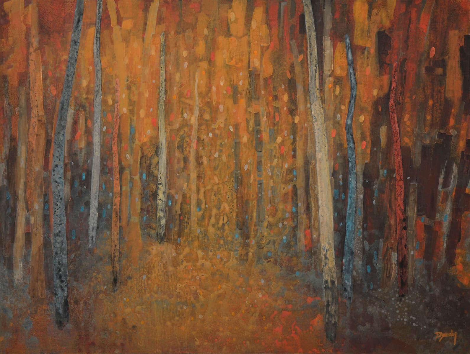 soft colours, off trail, old landscape, aspen, forest., palette, celadon blue, green gold, rich red browns, Etruscan bronze, artifacts