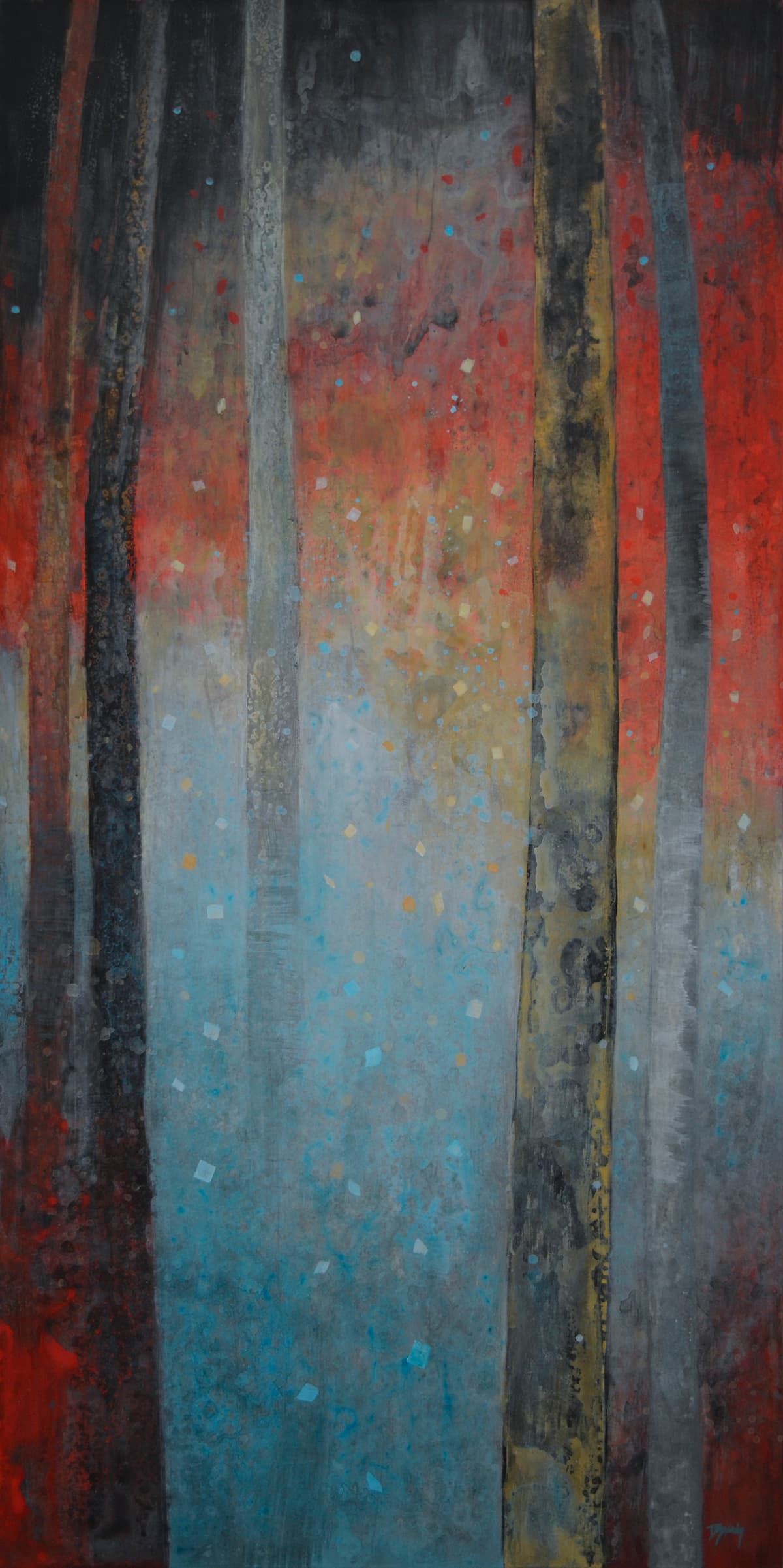 red, muted, soft color, red, landscape, Lethbridge, Large scale landscape painting in red, turquoise and soft ochre tones.