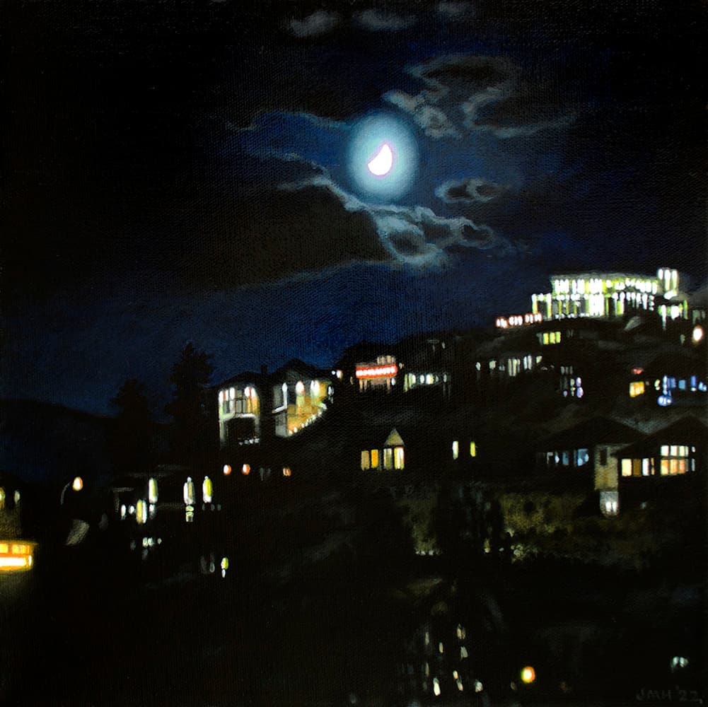 Nocturne, moon, crescent, dark lighting, Kelowna, hillside