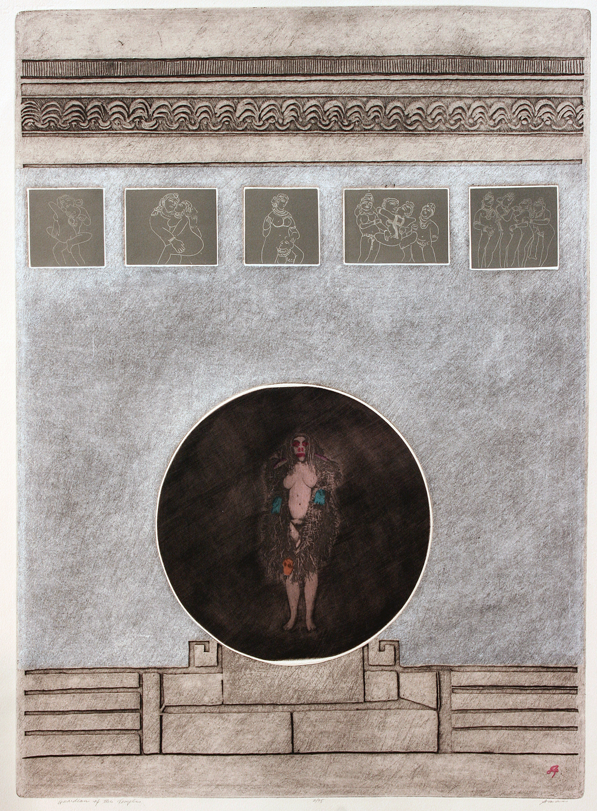 figure, racy, boa, Japanese, detail, etching