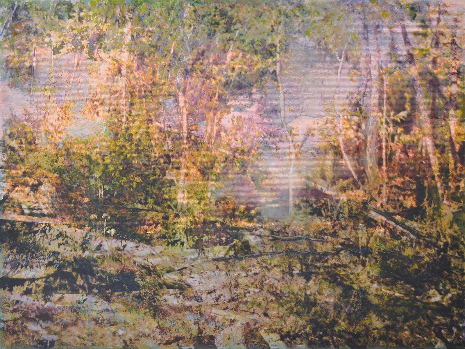 An acrylic multi media landscape on canvas and wood panel painted trees in vibrant greens and blues with a hint of pink.