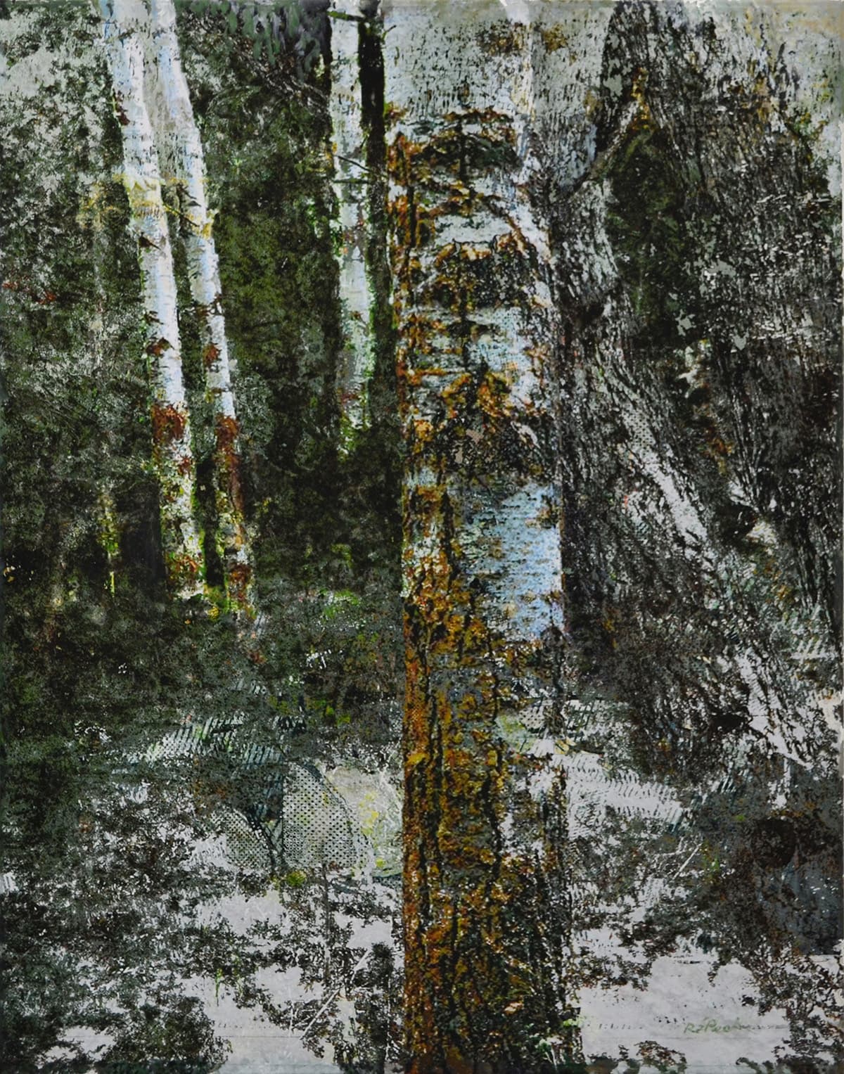 An acrylic multi media painting of a moody landscape of trees on canvas and wood panel painted with vibrant greens, and muted browns, oranges, reds, purples and yellows.