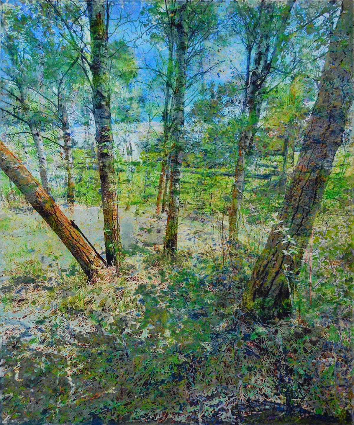 An acrylic multi media landscape on canvas and wood panel painted trees in vibrant greens and blues with a hint of pink.