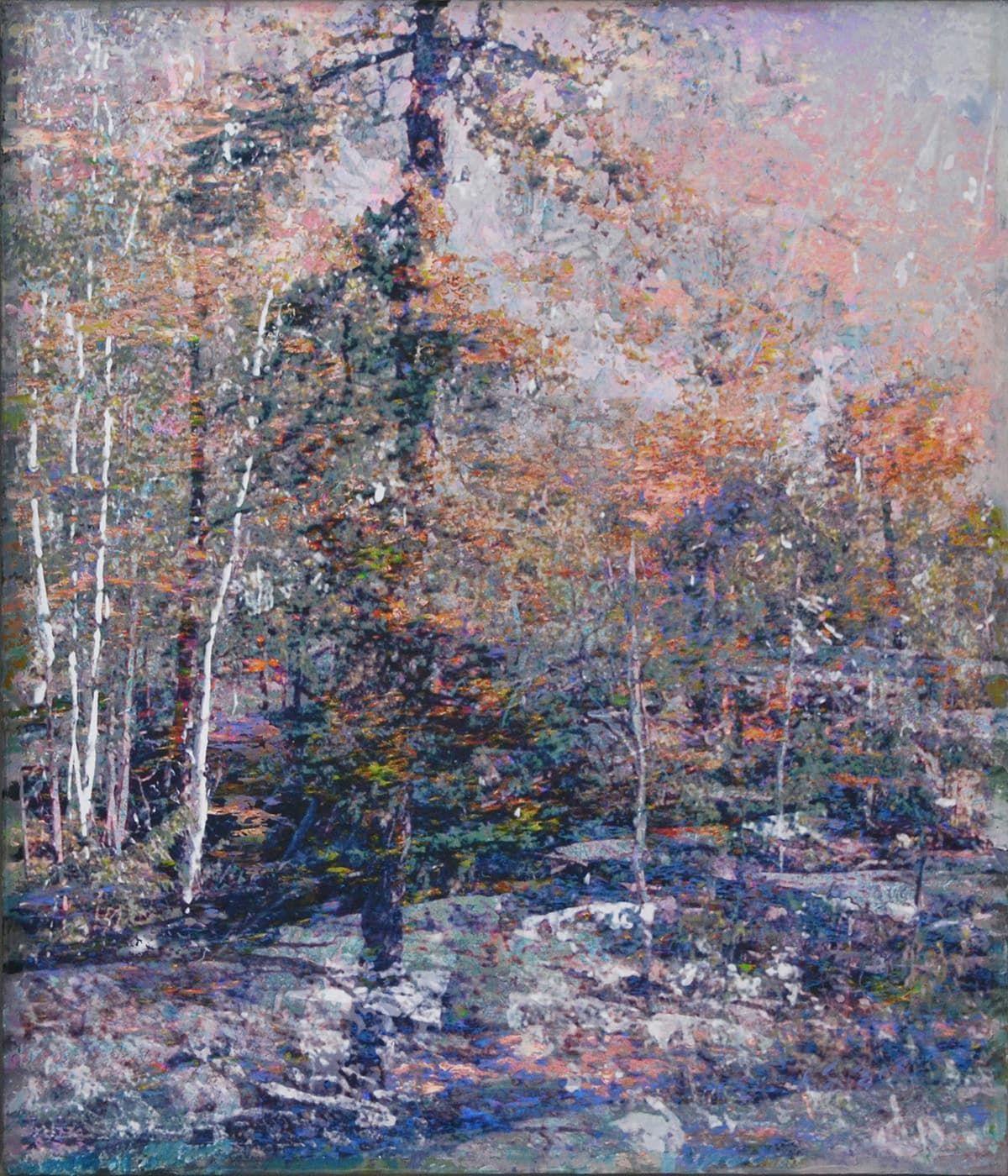 An acrylic multi media painting of a moody landscape of trees on canvas and wood panel painted with vibrant greens, and muted browns, oranges, reds, purples and yellows.