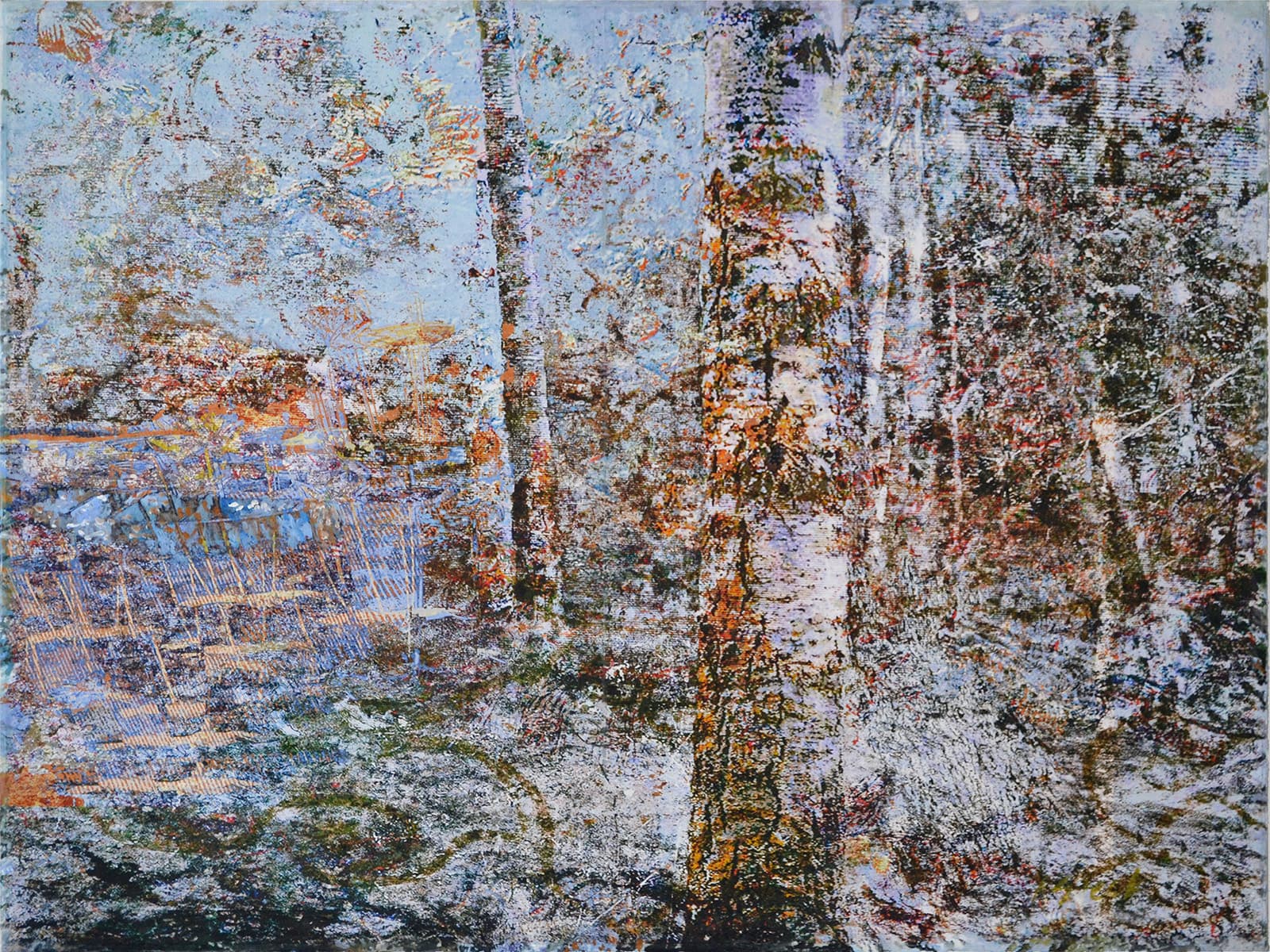 An acrylic multi media painting of a moody landscape of trees on canvas and wood panel painted with vibrant greens, and muted browns, oranges, reds, purples and yellows.