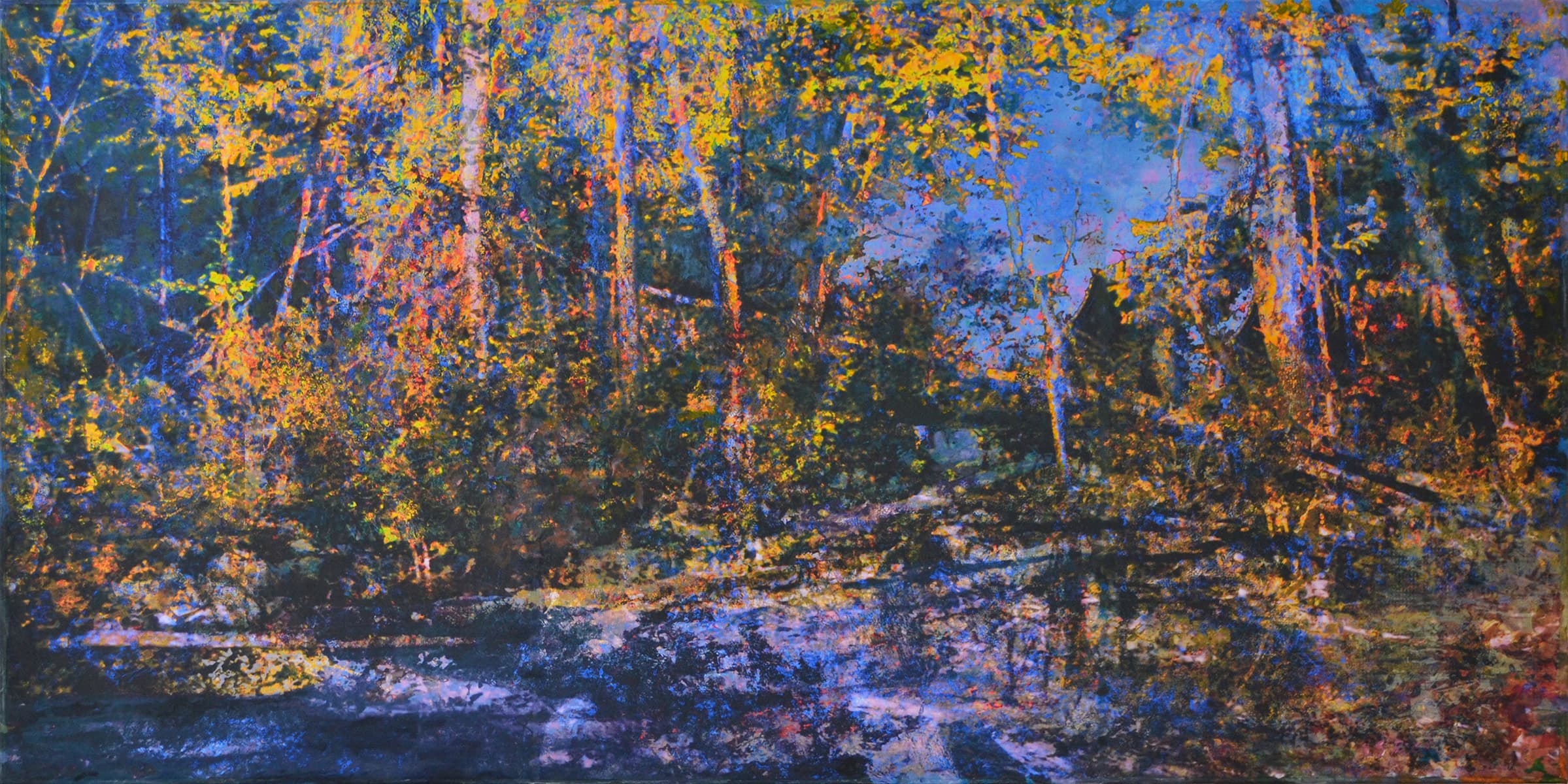 An acrylic multi media painting of a moody landscape of trees on canvas and wood panel painted with vibrant greens, and muted browns, oranges, reds, purples and yellows.