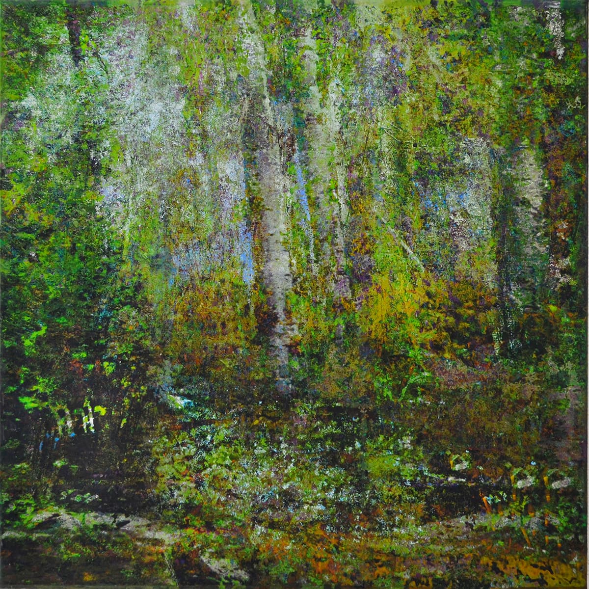 An acrylic multi media painting of a moody landscape of trees on canvas and wood panel painted with vibrant greens, and muted browns, greens, purples and yellows.