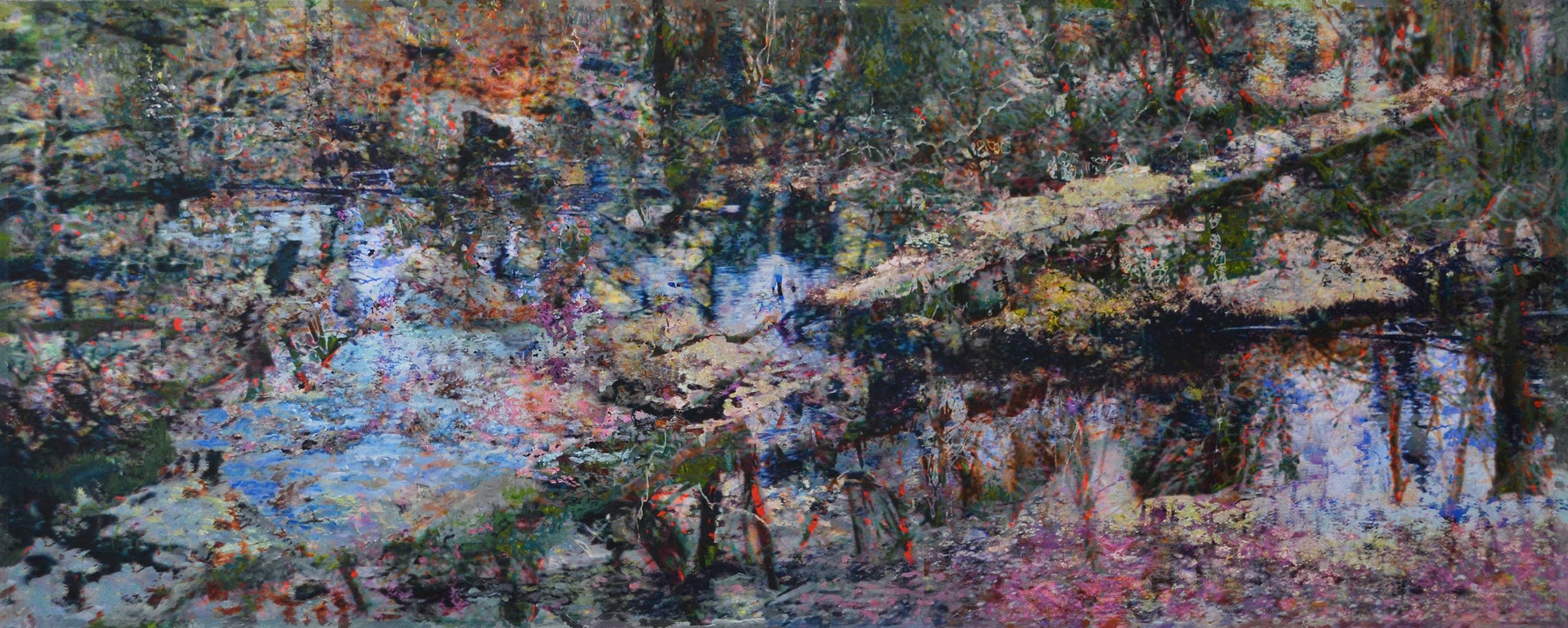 An acrylic multi media painting of a moody landscape of trees on canvas and wood panel painted with vibrant greens, and muted browns, oranges, reds, purples and yellows.