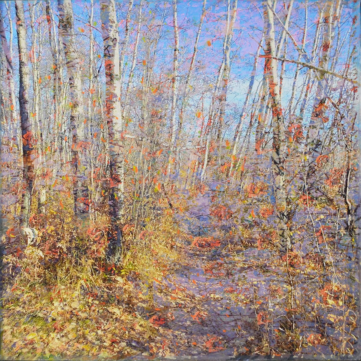 An acrylic multi media painting of a moody landscape of trees on canvas and wood panel painted with vibrant greens, and muted browns, oranges, reds, purples and yellows.